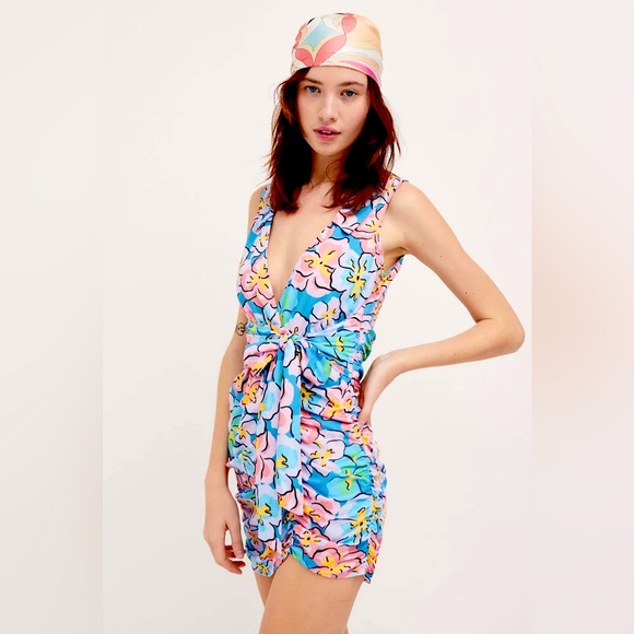 NWT For Love & Lemons Blue Yasmin Blue Tropical Floral Mini Dress 100% Bamboo M - Picture 3 of 15